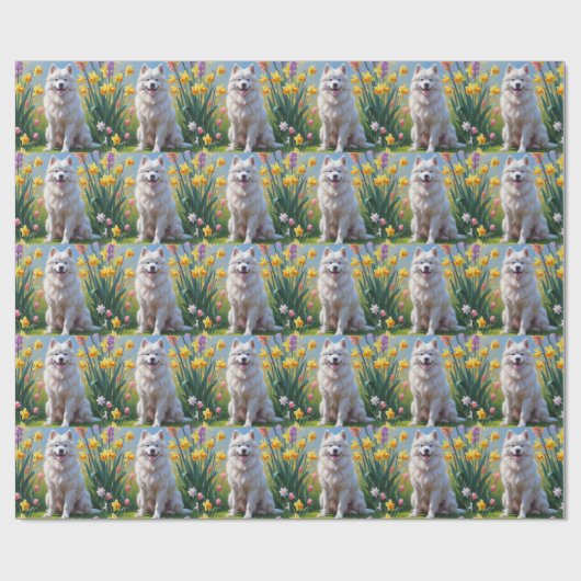 Samoyed Dog Spring Bloemen Schilderen Cadeaupapier (Vlak)