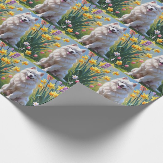 Samoyed Dog Spring Bloemen Schilderen Cadeaupapier (Hoek)