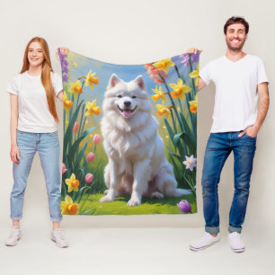 Samoyed Dog Spring Bloemen Schilderen Fleece Deken
