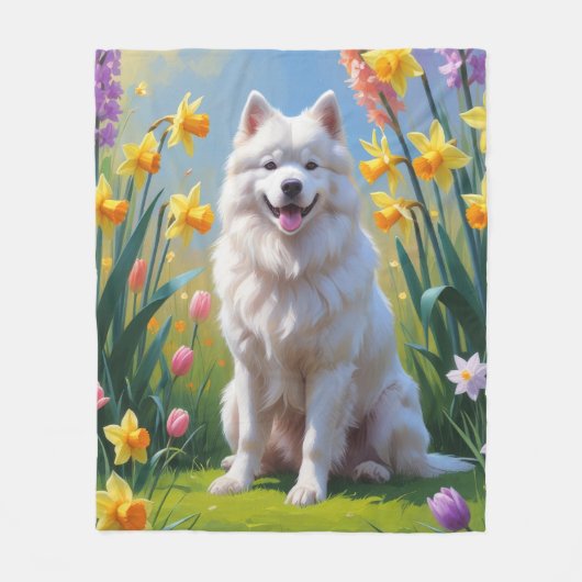 Samoyed Dog Spring Bloemen Schilderen Fleece Deken (Voorkant)