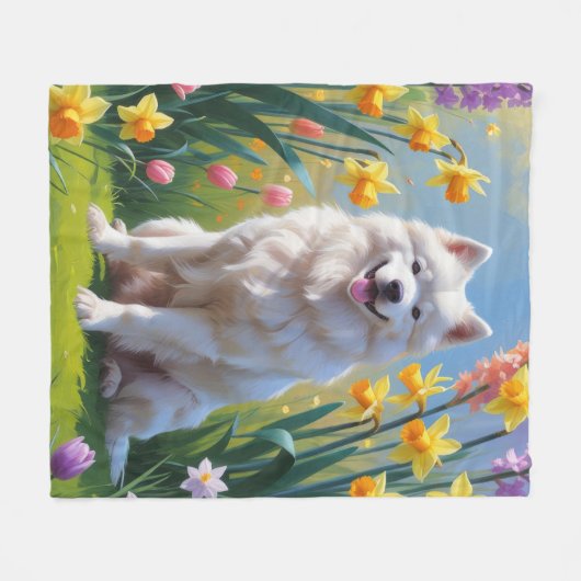 Samoyed Dog Spring Bloemen Schilderen Fleece Deken (Voorkant (Horizontaal))