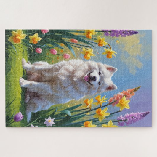 Samoyed Dog Spring Bloemen Schilderen Legpuzzel (Horizontaal)