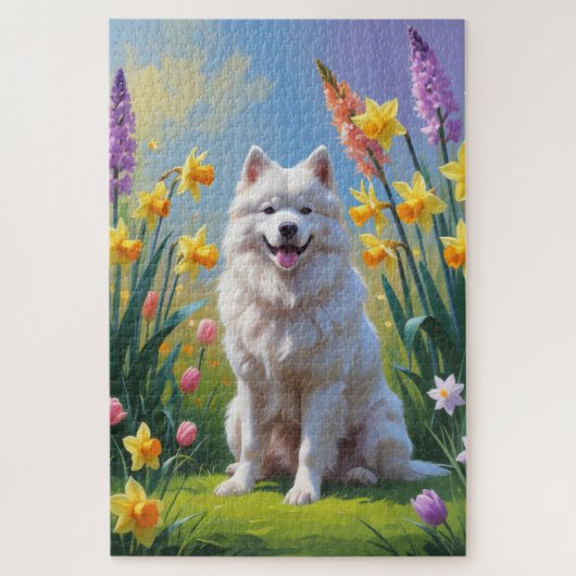 Samoyed Dog Spring Bloemen Schilderen Legpuzzel (Verticaal)
