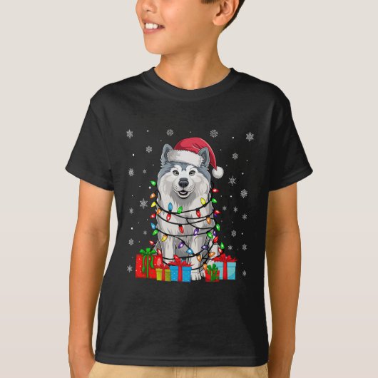 Samoyed Dog Ugly Xmas Lights Santa Hat Samoyed Dog T-shirt (Voorkant)
