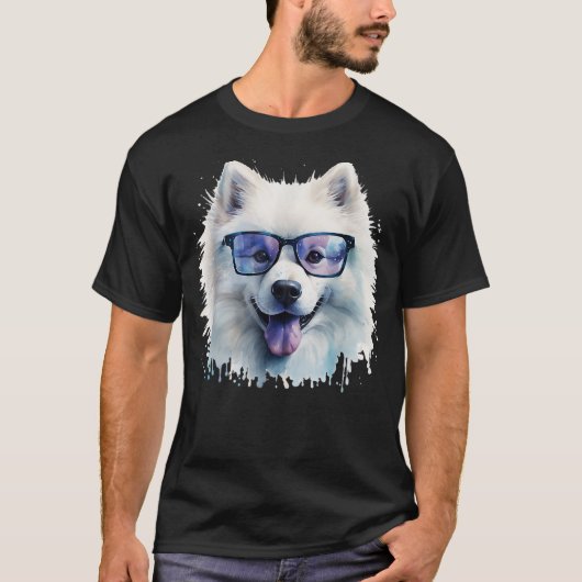Samoyed Dog Wearing Glasses Watercolor T-shirt (Voorkant)