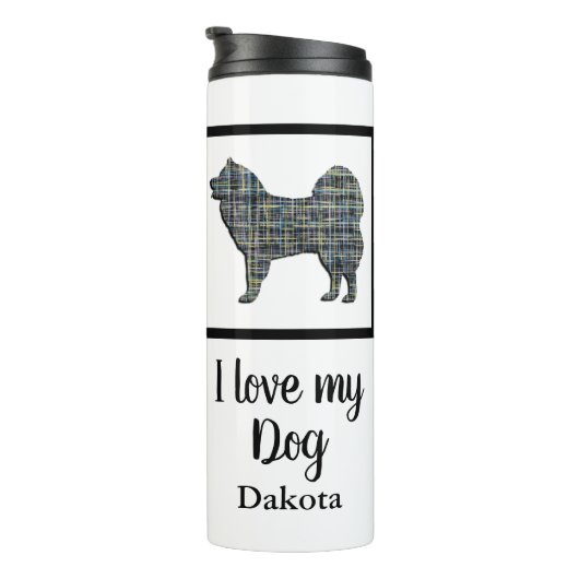 Samoyed Dog Yellow & Blue Grid Silhouette Thermosbeker (Geroteerd rechts)