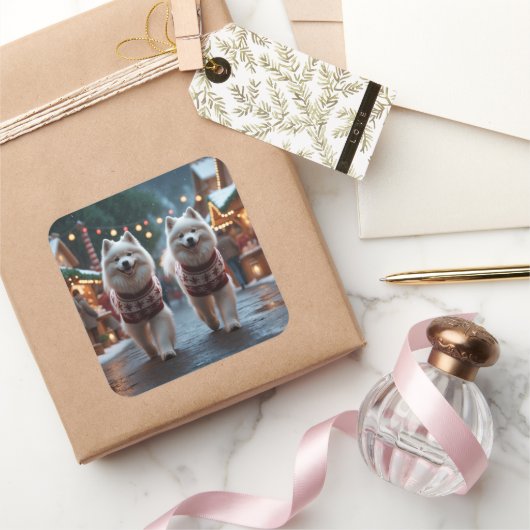 Samoyed Dogs Christmas Snow Holiday Vierkante Sticker (Geschenken)