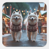 Samoyed Dogs Christmas Snow Holiday Vierkante Sticker (Voorkant)