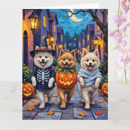 Samoyed Dogs Trick-or-Treating Halloween Costumes Kaart (Orchidee)