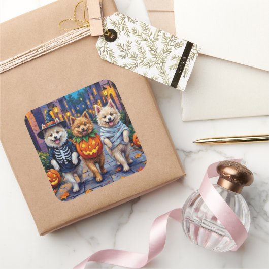 Samoyed Dogs Trick-or-Treating Halloween Costumes Vierkante Sticker (Geschenken)