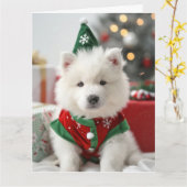 Samoyed Elf Puppy Kerst Kaart (Gele Bloem)