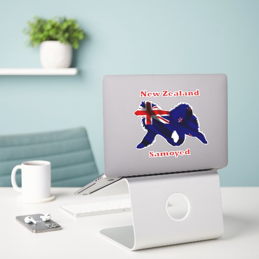 Samoyed en vlag 8 in vinylstickers met aangepaste sticker (Laptop op bureau)