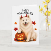 Samoyed Halloween Duivel Hond Kaart (Gele Bloem)