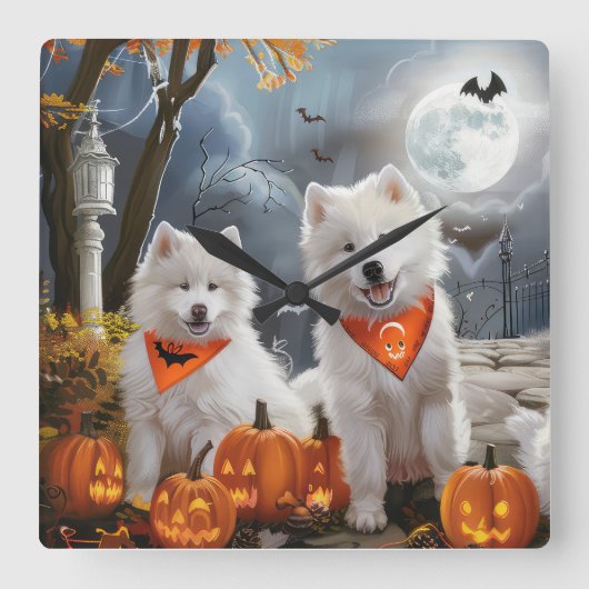 Samoyed Halloween Spooky Vierkante Klok (Voorkant)