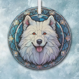 Samoyed Hond Blauwe Rand Gevlekt Glas Ornament