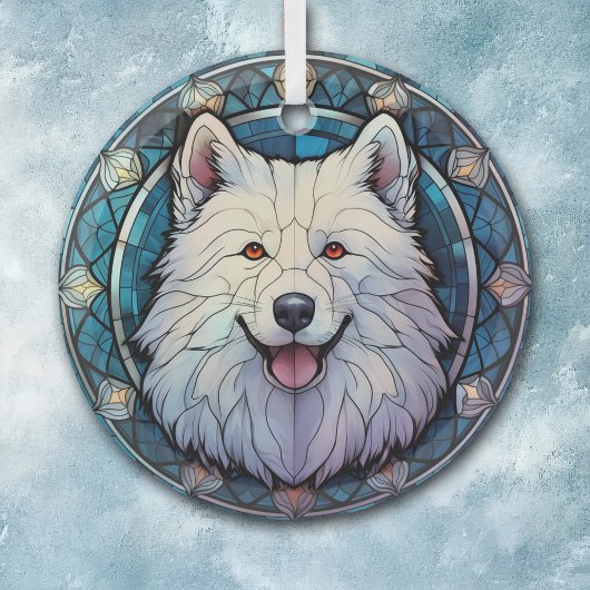 Samoyed Hond Blauwe Rand Gevlekt Glas Ornament