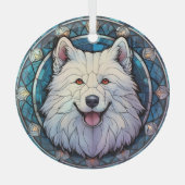 Samoyed Hond Blauwe Rand Gevlekt Glas Ornament (Voorkant)