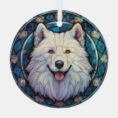 Samoyed Hond Blauwe Rand Gevlekt Glas Ornament (Achterkant)