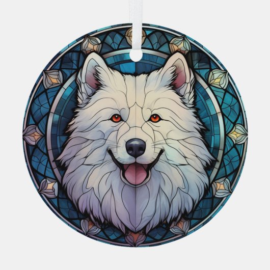 Samoyed Hond Blauwe Rand Gevlekt Glas Ornament (Achterkant)