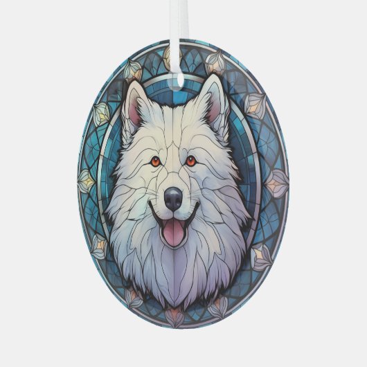 Samoyed Hond Blauwe Rand Gevlekt Glas Ornament (Voorkant links)
