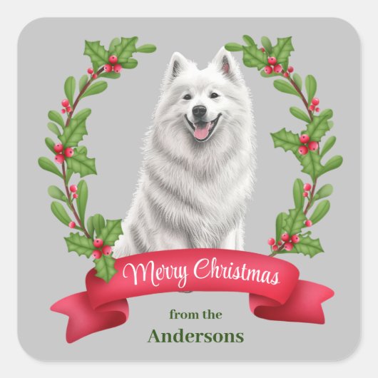 Samoyed Hond Holly Banner Kerstmis Vierkante Sticker (Voorkant)