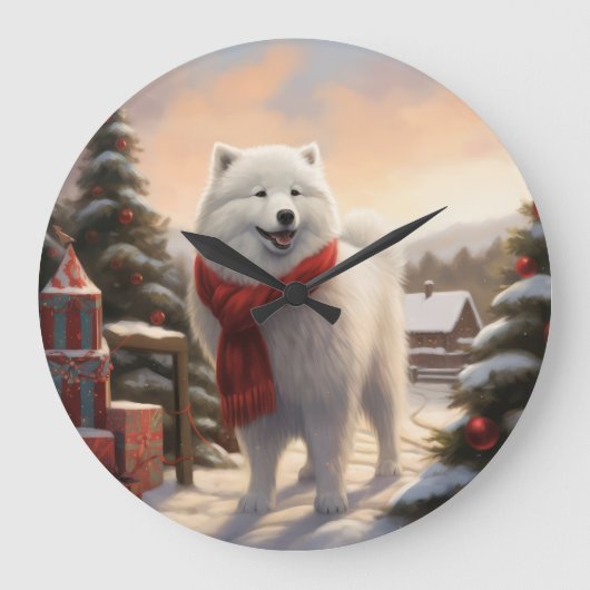Samoyed hond in de sneeuw Kerstmis  Grote Klok (Voorkant)