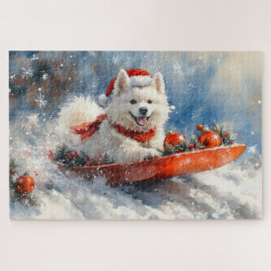 Samoyed Hond in Slede Laat het Sneeuwen Kerstmis Legpuzzel