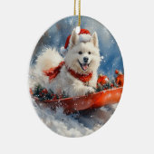Samoyed hond in slee Laat het sneeuwen Kerstmis Keramisch Ornament (Rechts)