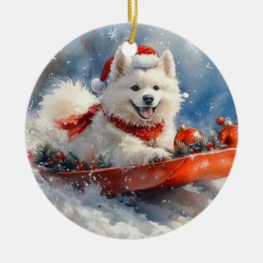 Samoyed hond in slee Laat het sneeuwen Kerstmis Keramisch Ornament (Voorkant)