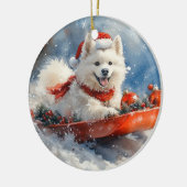 Samoyed hond in slee Laat het sneeuwen Kerstmis Keramisch Ornament (Links)