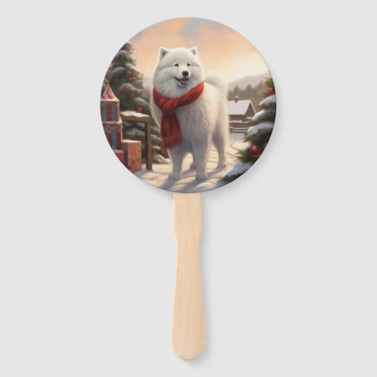 Samoyed Hond in Sneeuw Kerstmis Handwaaier (Voorkant)