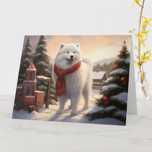 Samoyed Hond in Sneeuw Kerstmis Kaart (Gele Bloem)