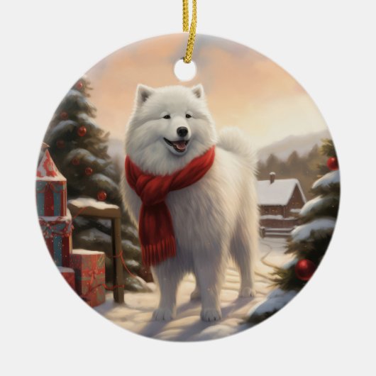 Samoyed Hond in Sneeuw Kerstmis Keramisch Ornament (Voorkant)