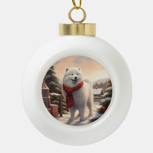 Samoyed Hond in Sneeuw Kerstmis Keramische Bal Ornament (Voorkant)