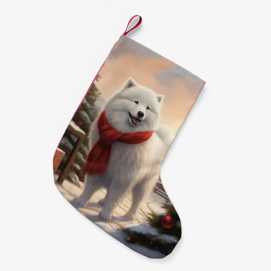 Samoyed Hond in Sneeuw Kerstmis Kleine Kerstsok (Voorkant (Hangend))