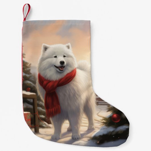Samoyed Hond in Sneeuw Kerstmis Kleine Kerstsok (Voorkant)