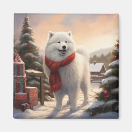 Samoyed Hond in Sneeuw Kerstmis Magneet (Voorkant)
