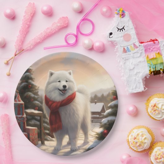 Samoyed Hond in Sneeuw Kerstmis Papieren Bordje (Feest)