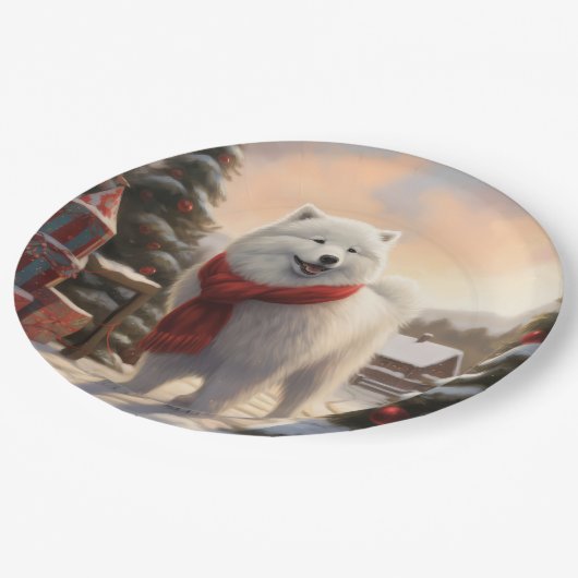 Samoyed Hond in Sneeuw Kerstmis Papieren Bordje (Gekanteld)