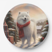 Samoyed Hond in Sneeuw Kerstmis Papieren Bordje (Voorkant)