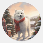 Samoyed Hond in Sneeuw Kerstmis Ronde Sticker (Voorkant)