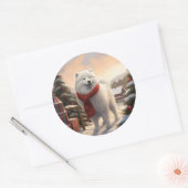 Samoyed Hond in Sneeuw Kerstmis Ronde Sticker (Envelop)