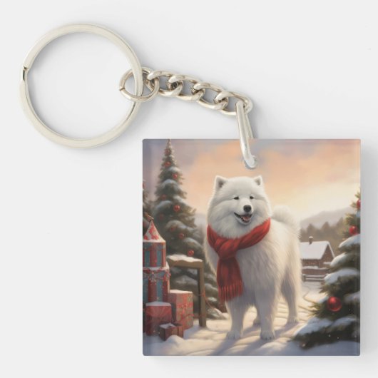 Samoyed Hond in Sneeuw Kerstmis Sleutelhanger (Voorkant)