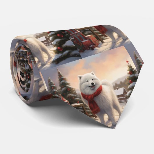 Samoyed Hond in Sneeuw Kerstmis Stropdas (Opgerold)