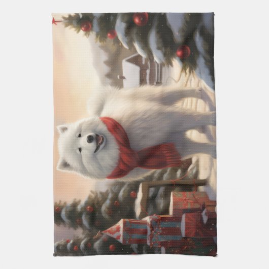 Samoyed Hond in Sneeuw Kerstmis Theedoek (Verticaal)