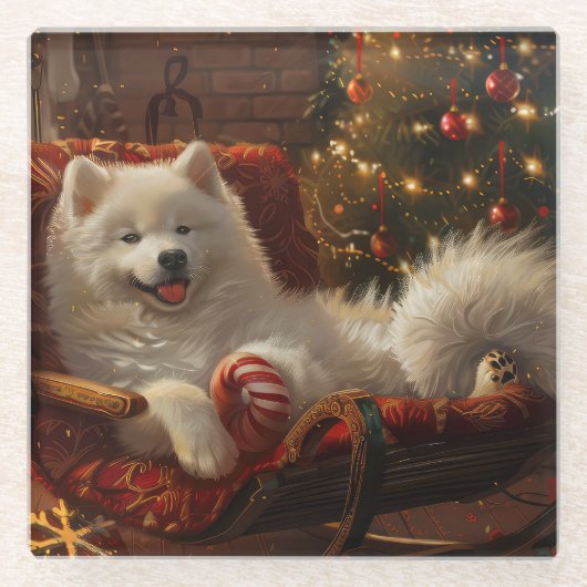 Samoyed Hond Kerstfeest Glazen Onderzetter (Voorkant)