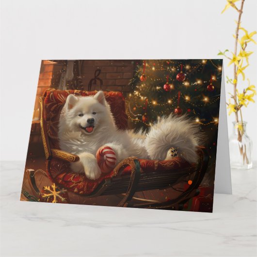 Samoyed Hond Kerstfeest Kaart (Gele Bloem)