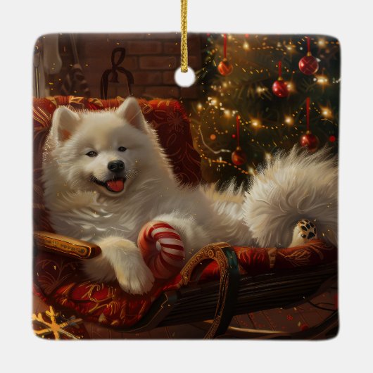 Samoyed Hond Kerstfeest Keramisch Ornament (Achterkant)