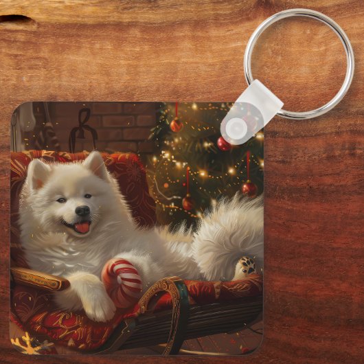 Samoyed Hond Kerstfeest Sleutelhanger (Achterkant)