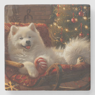 Samoyed Hond Kerstfeest Stenen Onderzetter